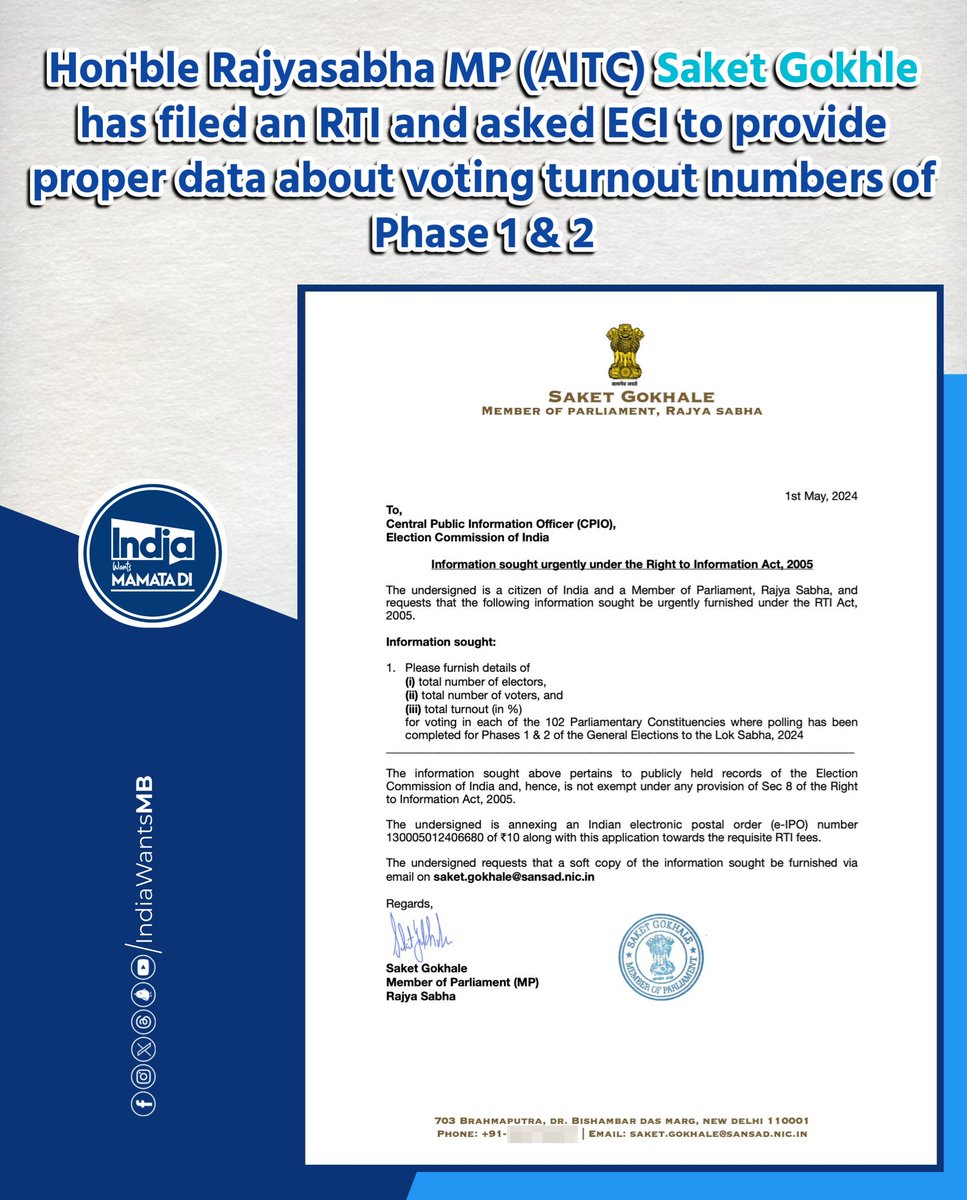 Hon'ble Rajyasabha MP of @AITCofficial , Shri @SaketGokhale  has filed an RTI and asked ECI to provide proper data about voting turnout numbers of Phase 1 & 2
#LokSabhaElections2024
#NoVoteToBJP
#VoteForTMC
#IndiaWantsMamataDi