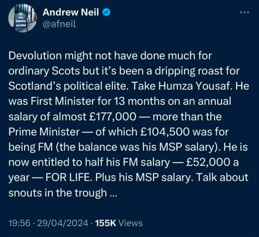 Right-wing populist commentator, Andrew Neil has now deleted this disinformation he posted about FM Humza Yousaf's pension.
He never once complained that Liz Truss and Boris Johnson are both collecting a pension of £125,000 a year for life.