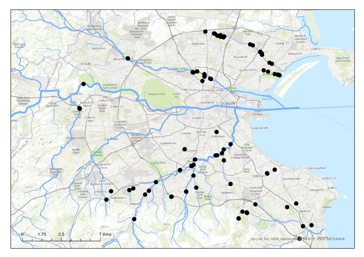 Almost 200 surveys done by our amazing #CitizenScientists over the past eight months (each dot is a survey). If you haven't had a chance to look at some of the maps, check them out on the website (urbancitizens632.ie). Now to analysis. @IrishResearch @DCU_Research @DCUWater