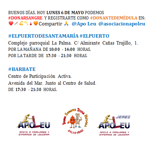 LUNES 6 DE MAYO PUEDE #DONARSANGRE Y REGISTRARSE COMO #DONANTEDEMÉDULA
@ApoLeu EN ❤️💉💪〽️🌡🧡RT🙏

#ELPUERTODESANTAMARÍA #ELPUERTO
@ElPuerto @ElPuertoPCivil @ondapasioncom @vivaelpuerto @EspacioEd @GuiaElPuerto @ElPuertoInfo @Biblioteca_2018 

#DONASANGRE #DONAMÉDULA #SALVAVIDAS