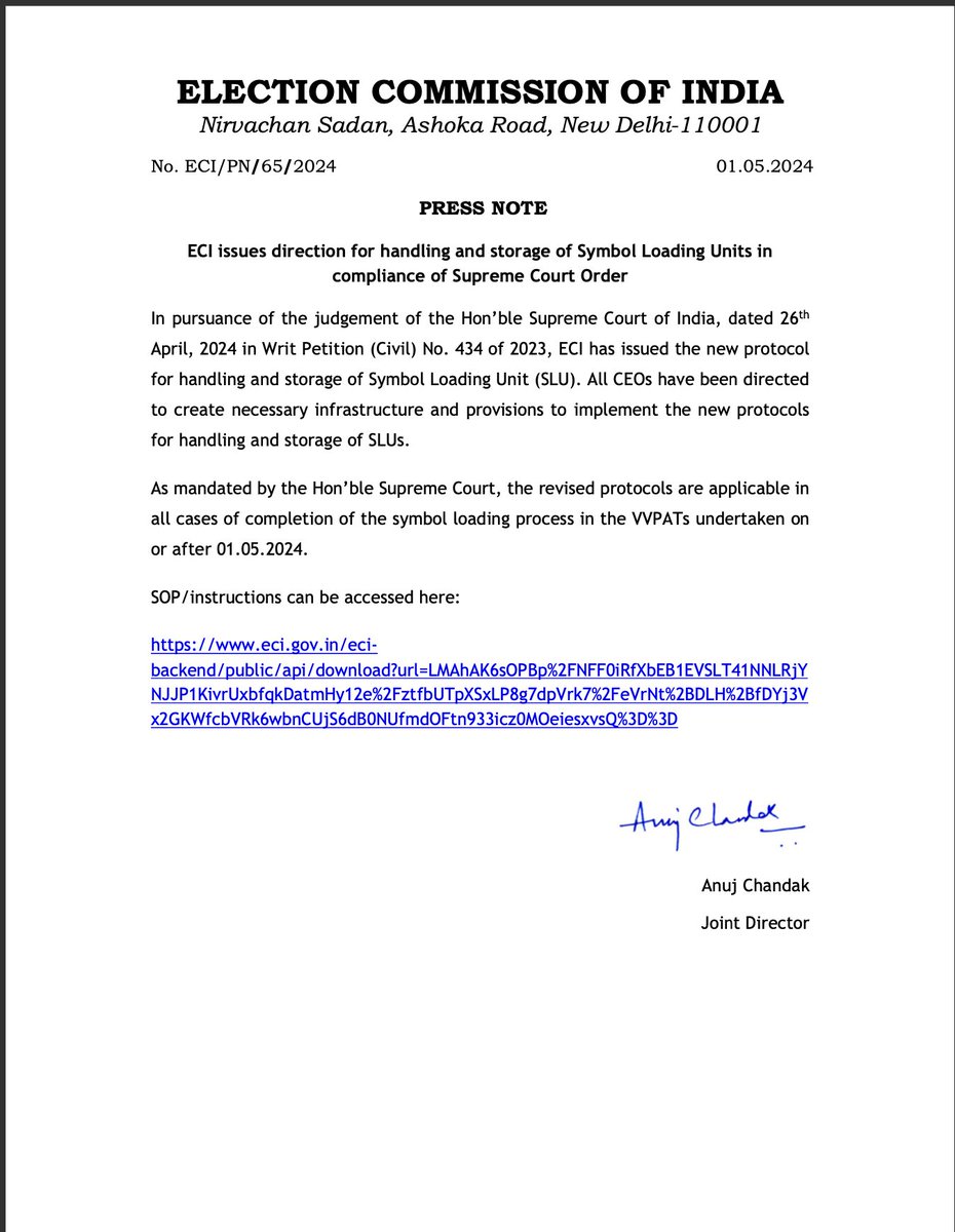 Election Commission of India issues a new protocol for the handling and storage of Symbol Loading Units in the EVMs in compliance of the Supreme Court order. In the VVPAT case, SC directed the ECI to secure and seal SLUs in which symbols are loaded after May 1, 2024.