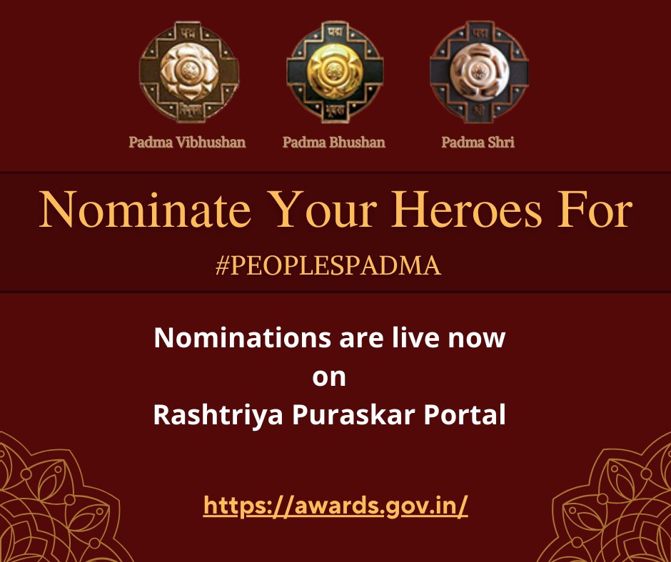 Nominations for Padma Awards 2025 are live. Nominate your heroes on the Rashtriya Puraskar Portal (awards.gov.in) #PeoplesPadma