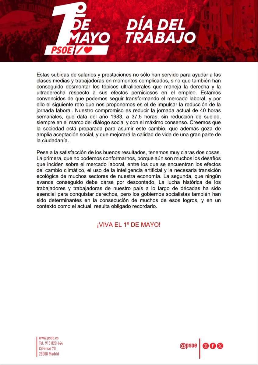 Manifiesto #1demayo del @PSOE por el #DíaDelTrabajador. Sigamos dando el #ImpulsoDePaís en materia de derechos laborales. España lo necesita.