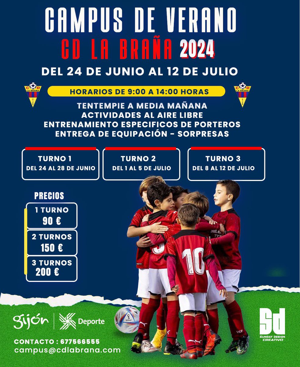 Campus de Verano  del 24 de junio al 12 de julio:
Horarios de 9:00 a 14:00 horas. Te esperamos!!
#vamosbraña
#nosgustaelfutbol