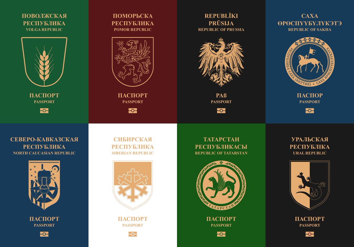 freenationsrf's tweet photo. Our followers drew draft versions of passports for some(future) new independent states(#Bashkortostan #Ingria #Tatarstan #Ural #Siberia #Karelia #Sakha #Kuban #AmberLand(East #Prussia)#Caucasus etc) of #PostRussianSpaces🤝✌️💪
#Moscovia delenda est🔥
#DecolonizationRF
#PostRussia https://t.co/h4H25tD4II