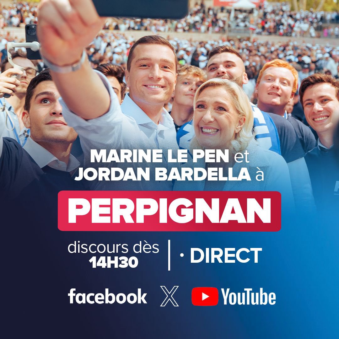 🔵 À partir de 14h30, suivez en direct le grand meeting de campagne de Perpignan avec @MLP_officiel et @J_Bardella ! 🎙️ Suivez leurs discours en direct des réseaux sociaux de Jordan Bardella. #VivementLe9Juin #TousAPerpignan