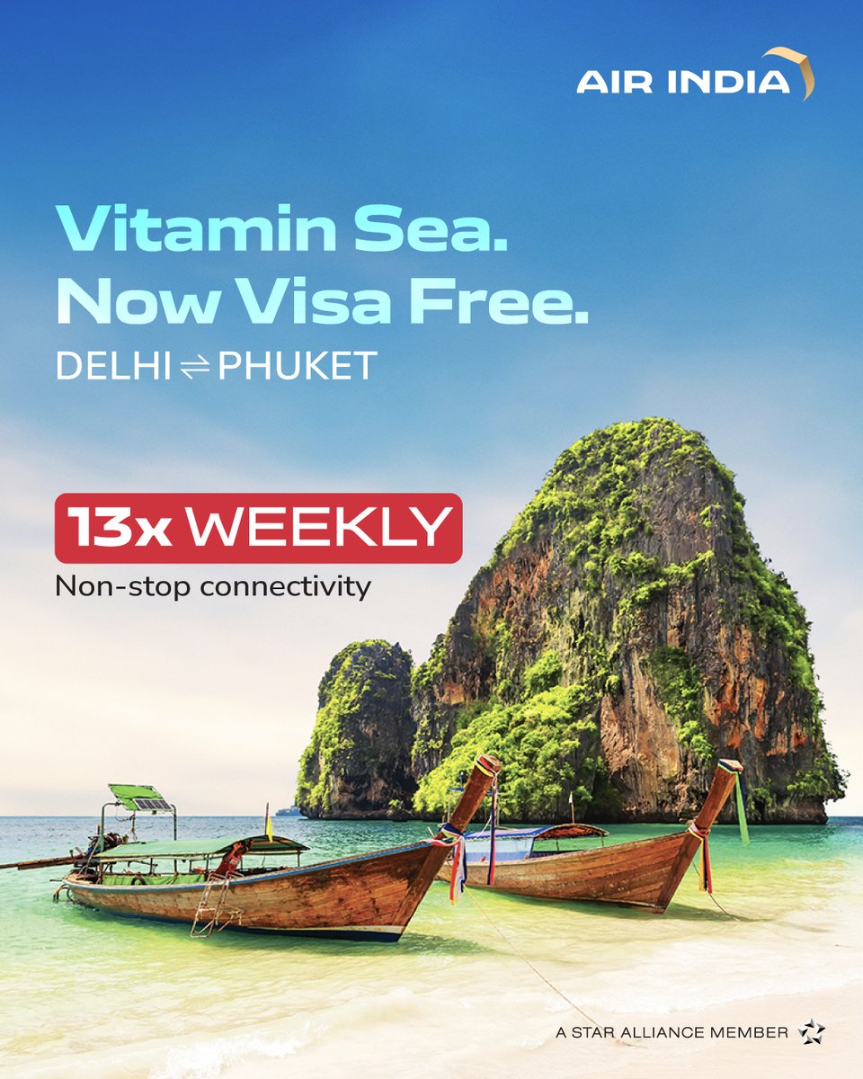 Discover more of Delhi and Phuket with our enhanced frequency, from daily to 13x weekly.
Comment with a ✈ if you are planning a trip soon.

*Enjoy visa free arrival till 10th May

#FlyAI #AirIndia #AIConnections #Phuket