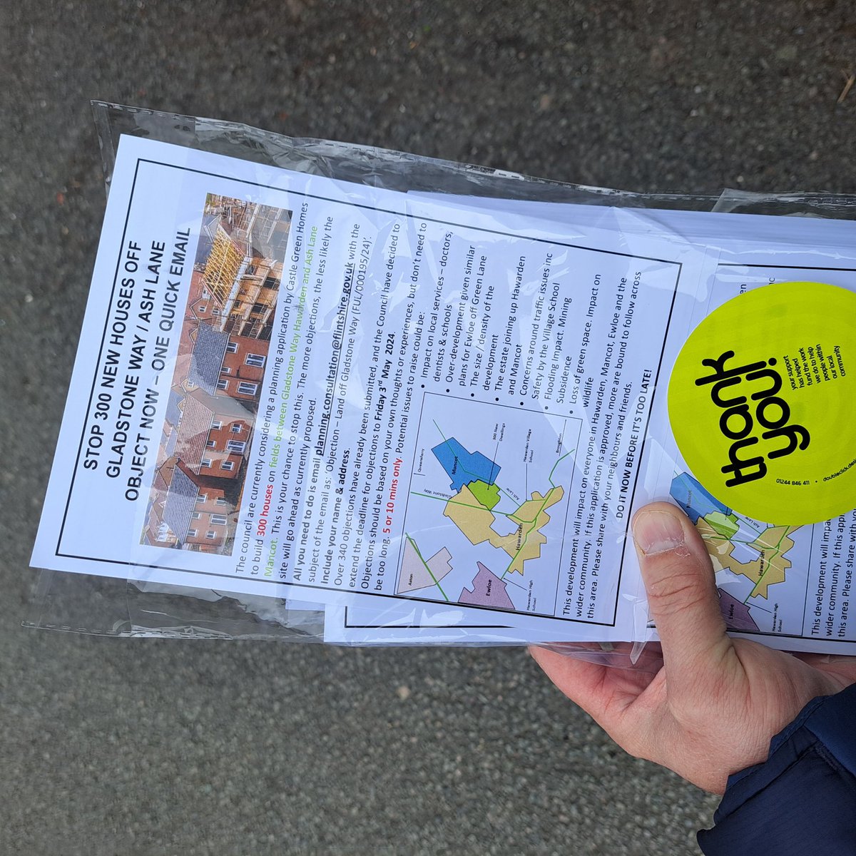Final push with the leaflets to object against the 300 houses Castle Green want to build on Ash Lane  . No thought to the residents here who can't get schools. Doctors etc. and are flooded regularly.  🤯