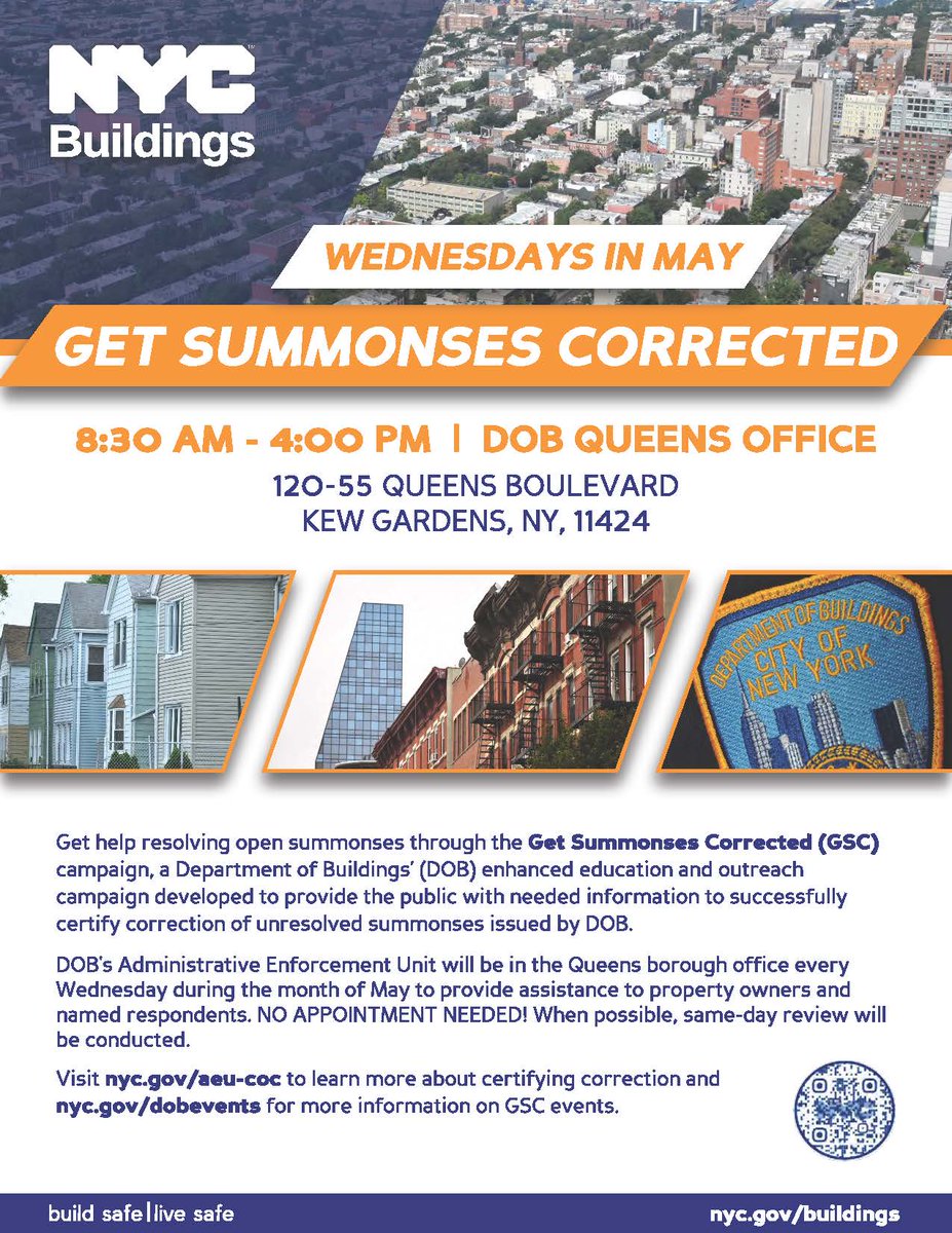 You have received a @NYC_Buildings summons. You corrected the condition. You even paid your OATH fine. You are not done! You must submit a Certificate of Correction. Hey Queens, you have lots of Certificate of Corrections owed to the agency so we are coming out to help!