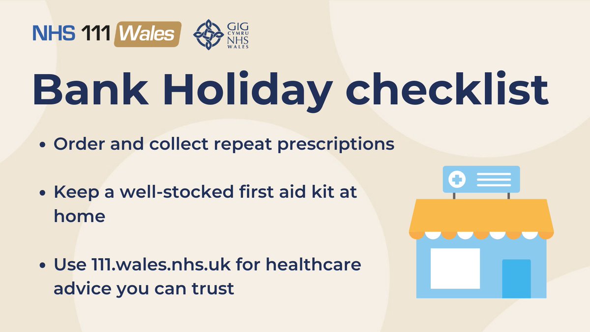 This bank holiday, you can #HelpUsHelpYou and 💊order and collect repeat prescriptions in advance 🩹keep a well-stocked first aid kit at home 🕔use your local pharmacy for minor health concerns and get to know their opening times 💻use 111.wales.nhs.uk for health advice
