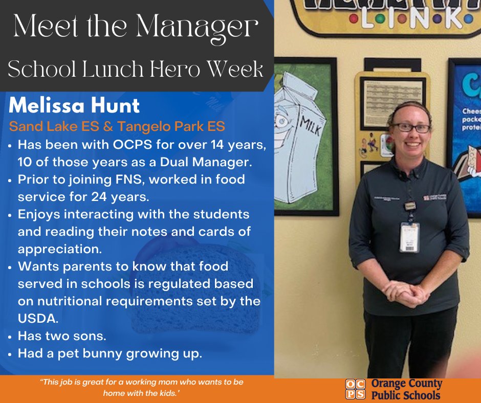 Another day, another lunch hero to meet. Say hi to Melissa Hunt, Dual Manager at Sand Lake Elementary and Tangelo Park Elementary.
#schoollunchhero #meetthemanager #healthymeals