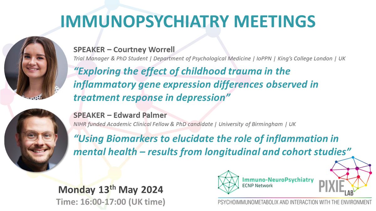 PIXIELabKCL's tweet image. ✨Only a couple weeks until our next Immunopsychiatry Meeting! @ECNPtweets @KingsIoPPN

Join us on Monday 13th May at 4pm BST for a pair of exciting talks by Courtney Worrell @cworrell26 and @EdPalmer5 on the role of inflammation in depression