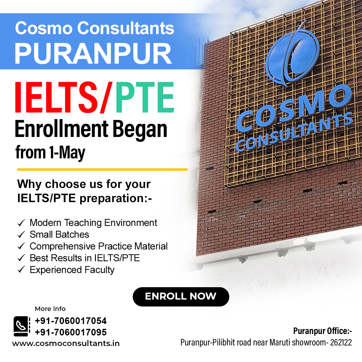Admission process for #IELTS and #PTE #classes has begun at #CosmoConsultantsPuranpur ! Secure your seat now and embark on your journey towards exam success. Enroll today to kickstart your language proficiency journey! More information: 7060017054, 7060017095. #CosmoConsultants