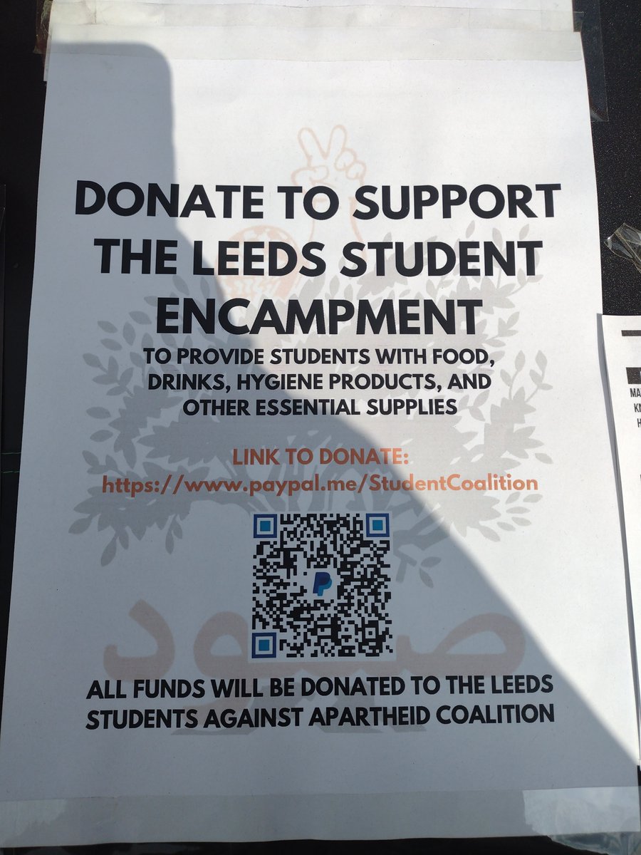 Students at the University of Leeds have put up camp today opposite the student union. This follows their 15 day occupation of the Parkinson Building which started on March 8.

If you'd like to support they're looking for non perishable food. You can donate using the QR code ⤵️