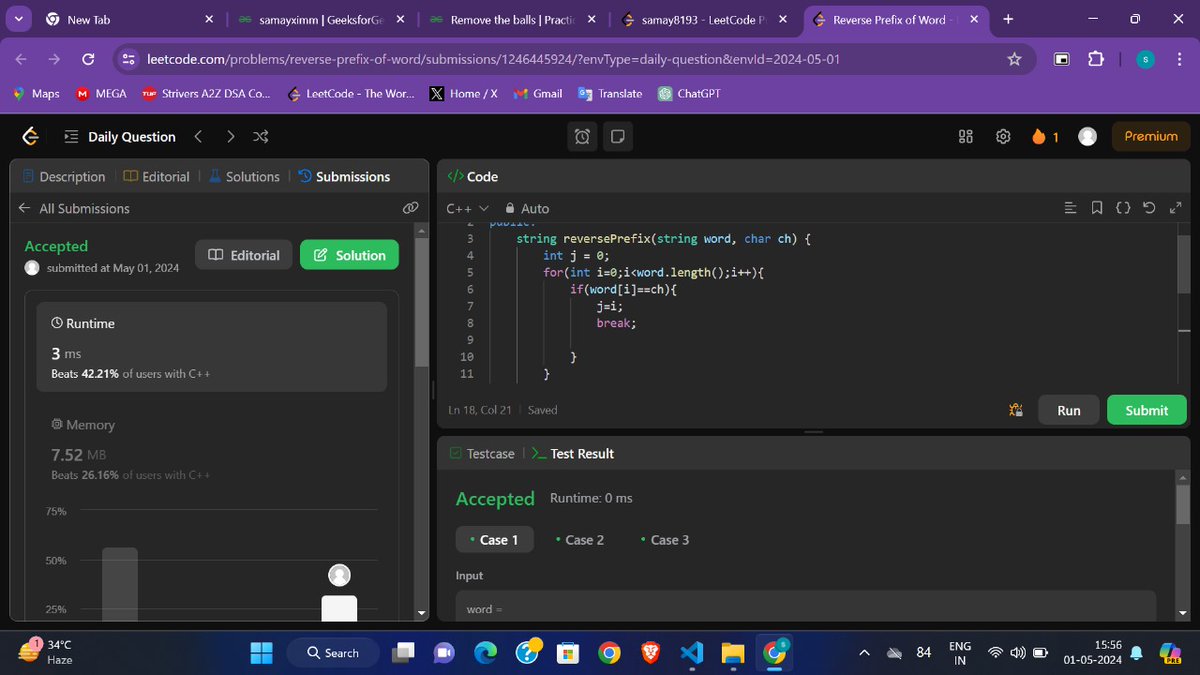Day 12 of 🚀 #100DaysOfCode Today solved 🤜🤛 two Problems 🧑🏻‍💻): (1) Remove balls (2) Reverse prefix #coding @geeksforgeeks @LeetCode
