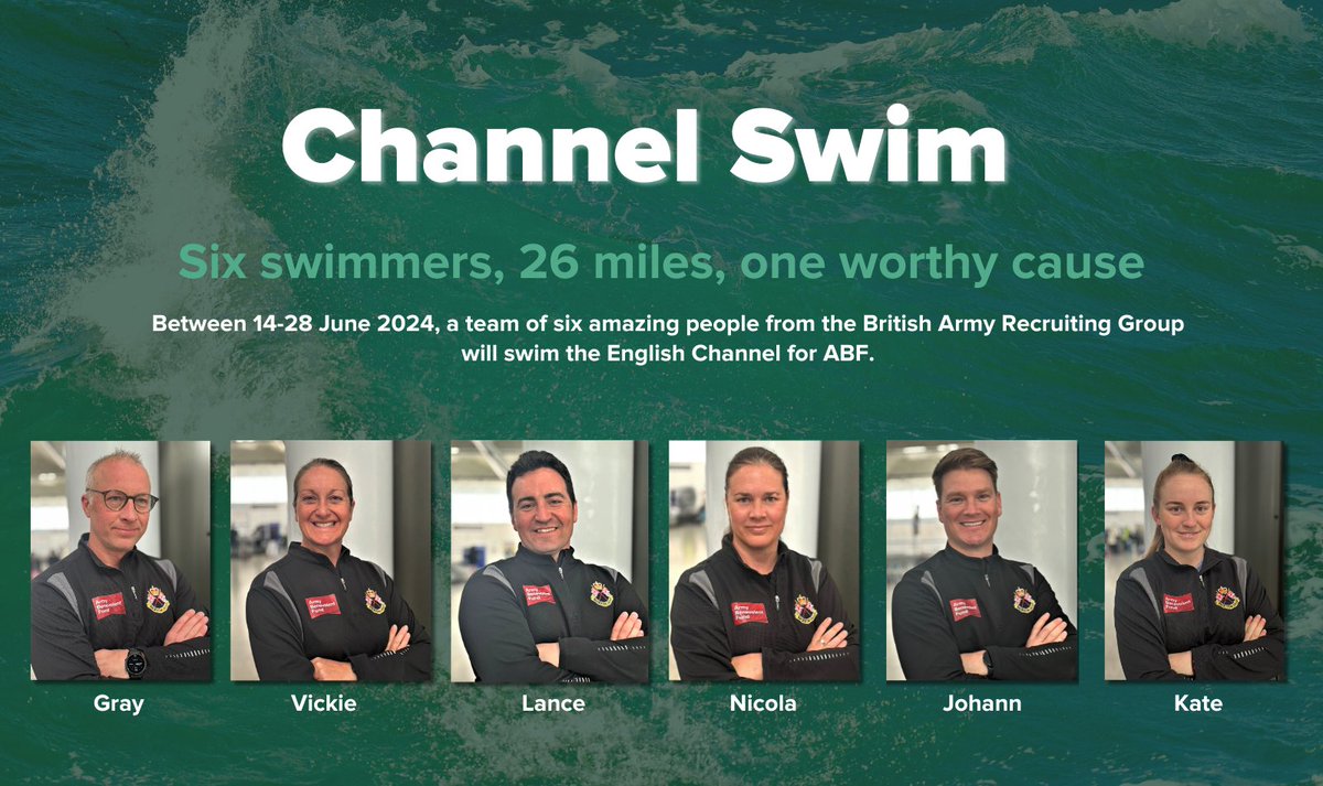 🏊 We're thrilled to introduce the six swimmers from the @BritishArmy Recruiting Group who are taking part in the Channel Swim! This summer, between 14 and 28 June, this amazing team will be swimming 26 miles for ABF. Find out more and support the team➡️ tinyurl.com/4mcsupha