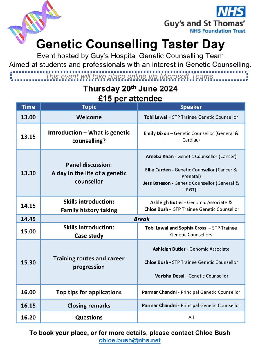 Are you interested in becoming a Genetic Counsellor, or want to know more about the profession? Guy’s and St Thomas’ Genetic Counselling team is hosting a GC taster day on 20th June 2024! You can find more information on the flyer below👇 #GeneticCounselling #STP #GSTT