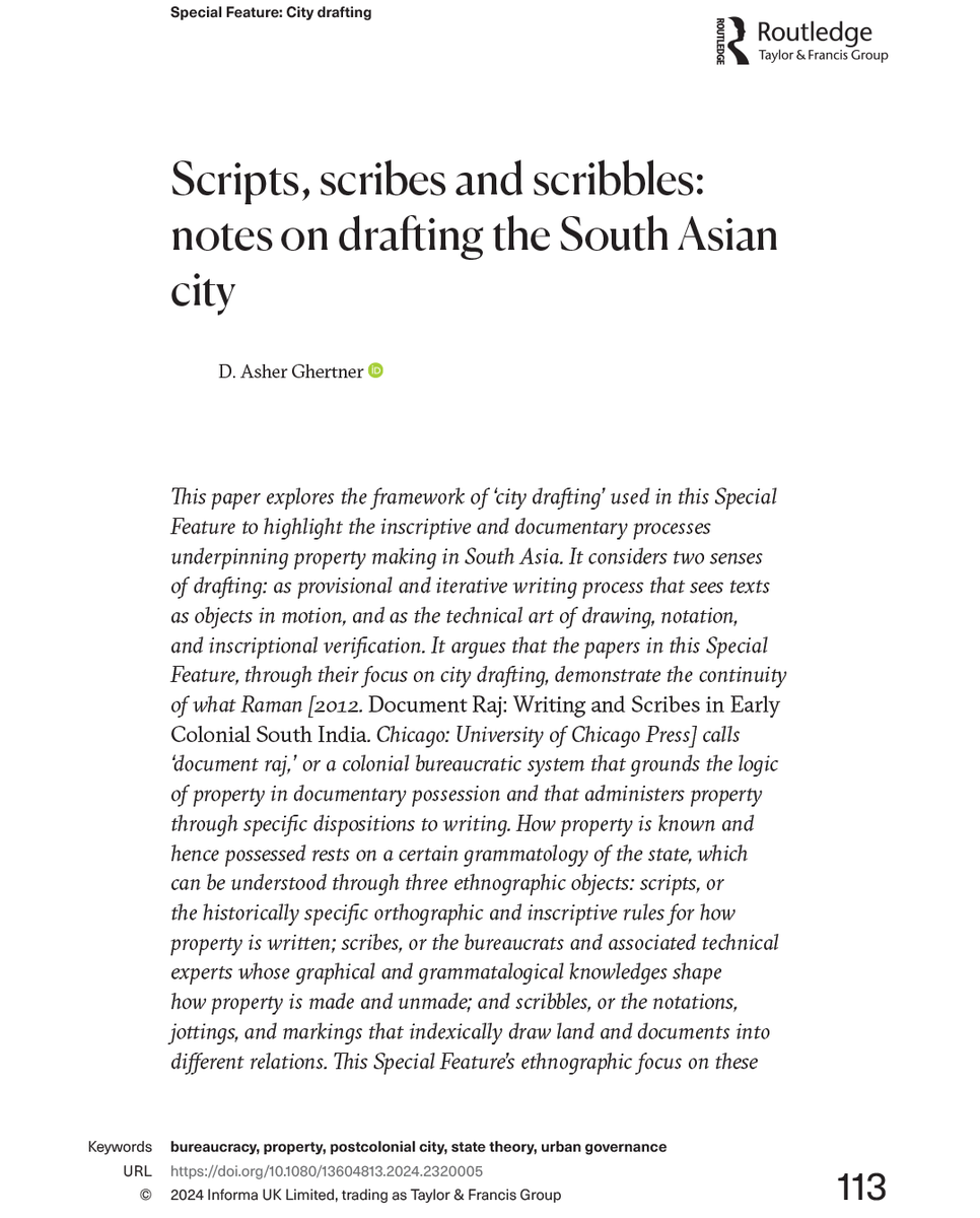 If you missed it in March, a new paper from City 28.1-2 Special Feature: City Drafting! Scripts, scribes and scribbles: notes on drafting the South Asian city D. Asher Ghertner (@asher_ghertner) doi.org/10.1080/136048…
