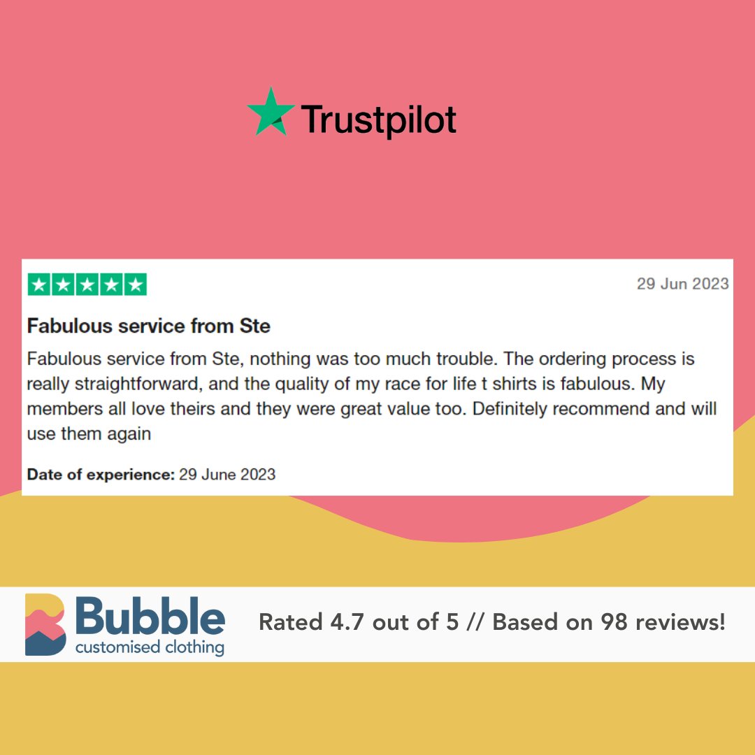 We're beaming with pride to share this wonderful review! We are honored to have played a part in creating Race for Life t-shirts!! Knowing you and your team love them warms our hearts! Thank you for letting us be a part of such a meaningful cause. 🎗️👕 #TrustPilot