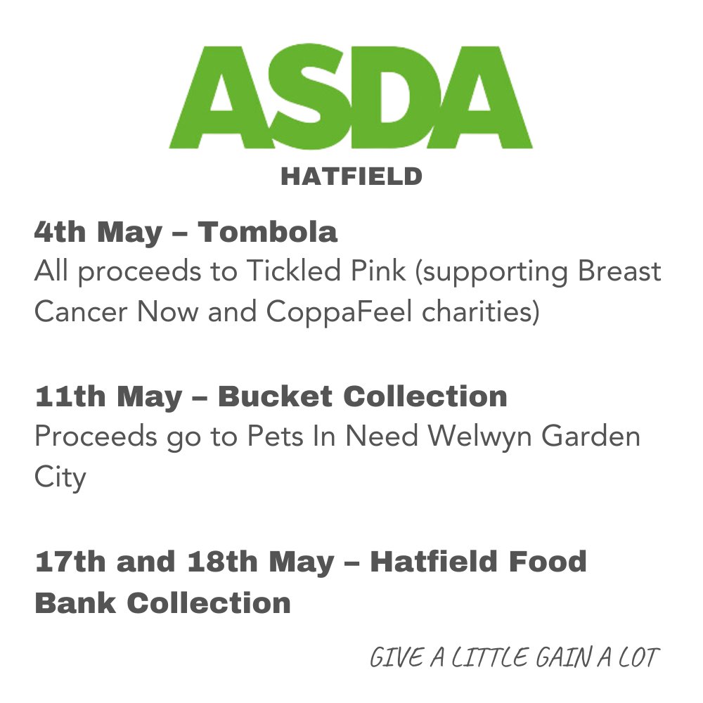 Asda Hatfield are supporting some great local charities this month. Theses causes will be making an appearance to raise funds/items for their services for the community. Anything you can spare will be a huge help. #CommunityMatters #CharityFundraising #LocalCauses #LocalGood