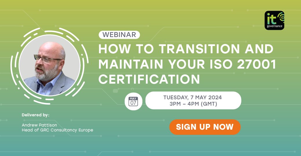 Join our webinar ‘How to transition to ISO 27001:2022 and maintain certification’ 🗓️When: Tuesday, 7 May 2024 @ 3pm GMT 👉 Sign up: ow.ly/Tw3U50R9ojJ #ISO27001 #cybersecurity #webinar #informationsecurity #resilience #cyberthreats
