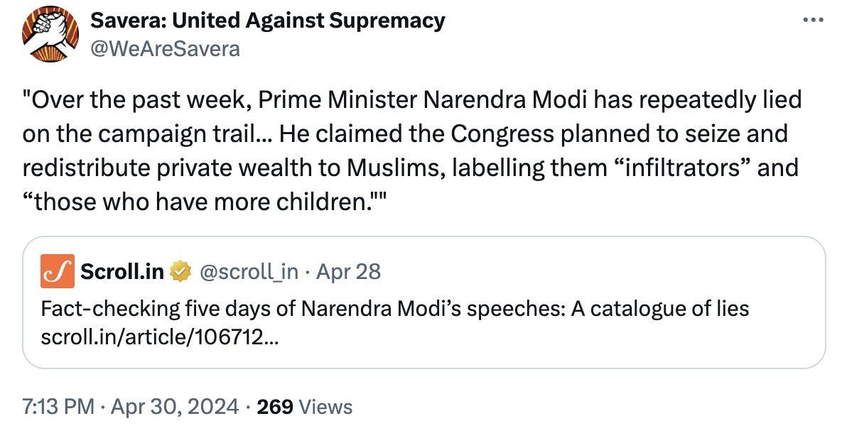 Savera, claiming to be crusaders against all forms of supremacy targeted PM Modi during Lok Sabha elections, joining hands with Scroll, known for its falsehoods. With their focus on undermining India's sovereignty, they peddle narratives to please their masters! Thread: