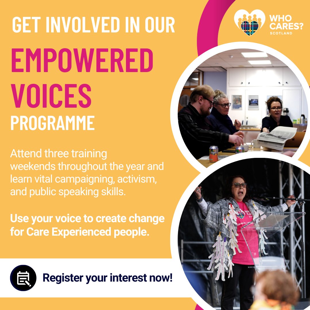 Whether you're a seasoned campaigner or just finding your voice, our Empowered Voices Programme is here to support and uplift you. Find out more and register your interest to be part of the next round of training at ow.ly/Nlj350Rn7pw #WhoCaresScotland #CareExperienced