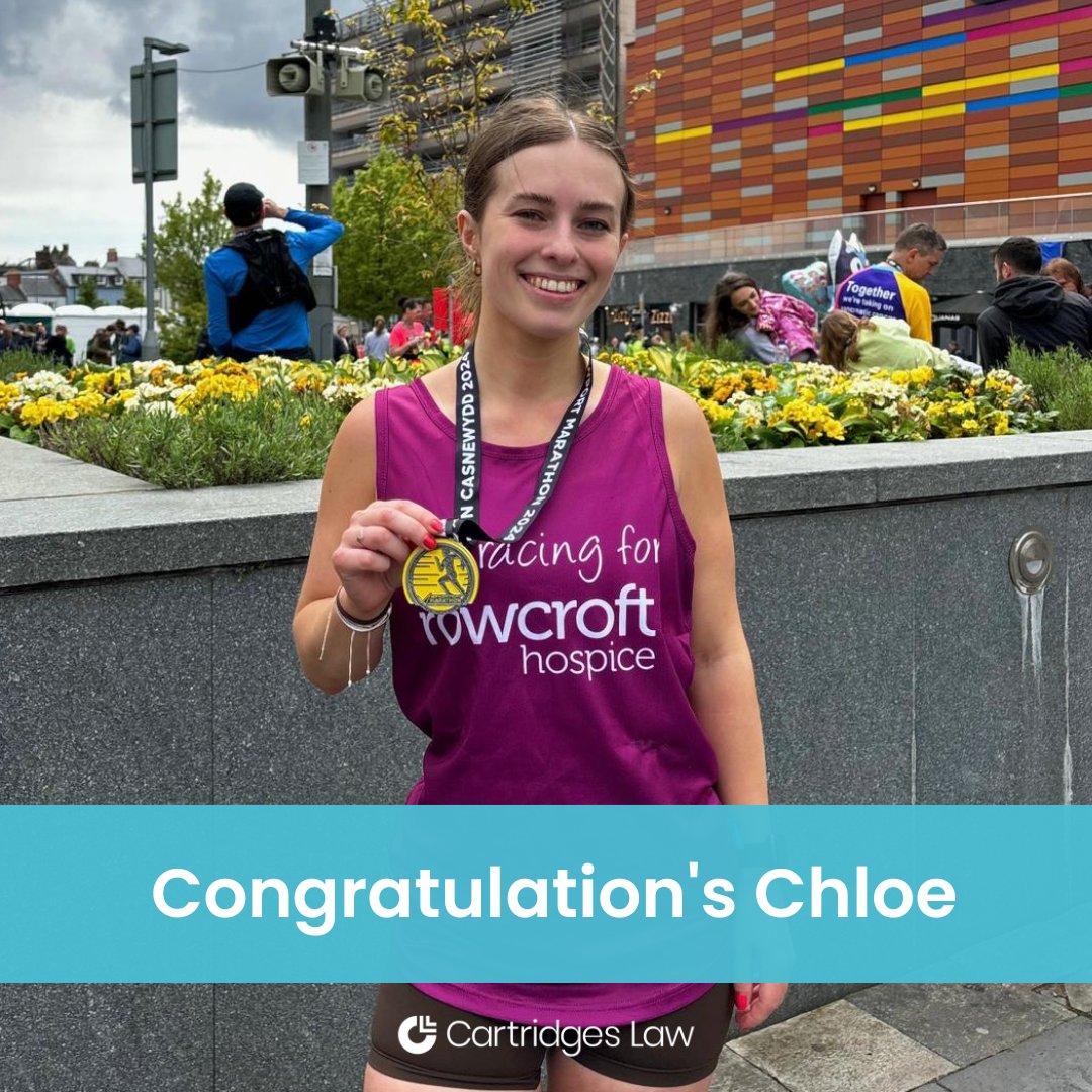 She did it! Our Trainee Solicitor, Chloe Drake, is officially a marathon runner 🎖️ Chloe says: “It’s 100% the hardest thing I’ve ever done!'. Chloe's raised an incredible £1,035 for Rowcroft Hospice! We're so proud of you Chloe! #NewportMarathon #CartridgesLaw #RowcroftHospice