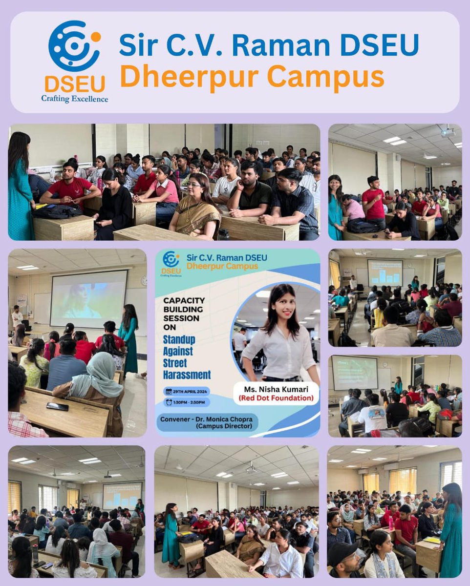 On #29thApril Sir C. V. Raman #DSEU Dheerpur Campus, conducted an enlightening session on a critical topic: Street Harassment of Women and what we can do to Combat it.
#WomenSafetyAwareness #harassmentawareness #Womensecurity #SpecialLecture #awarenesscampaign