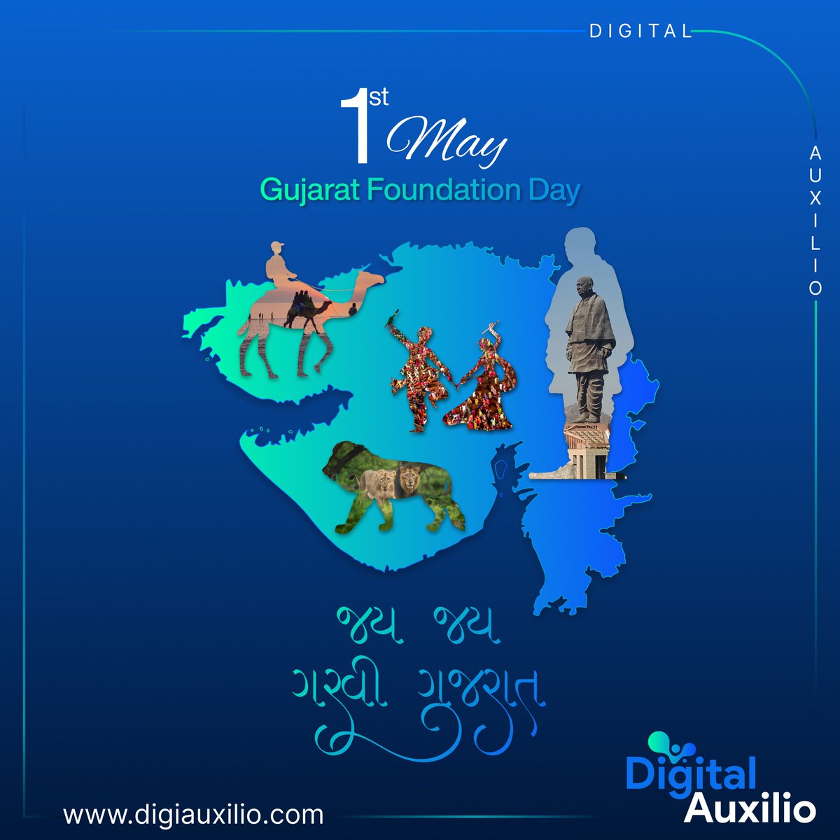 Wishing all our fellow Gujaratis a joyful and prosperous #GujaratFoundationDay! May the spirit of unity and progress continue to guide us towards a brighter future. 

#gujratfoundationday #garvigujarat #gujju #gujjulove #gujrattitans #digitalauxilio