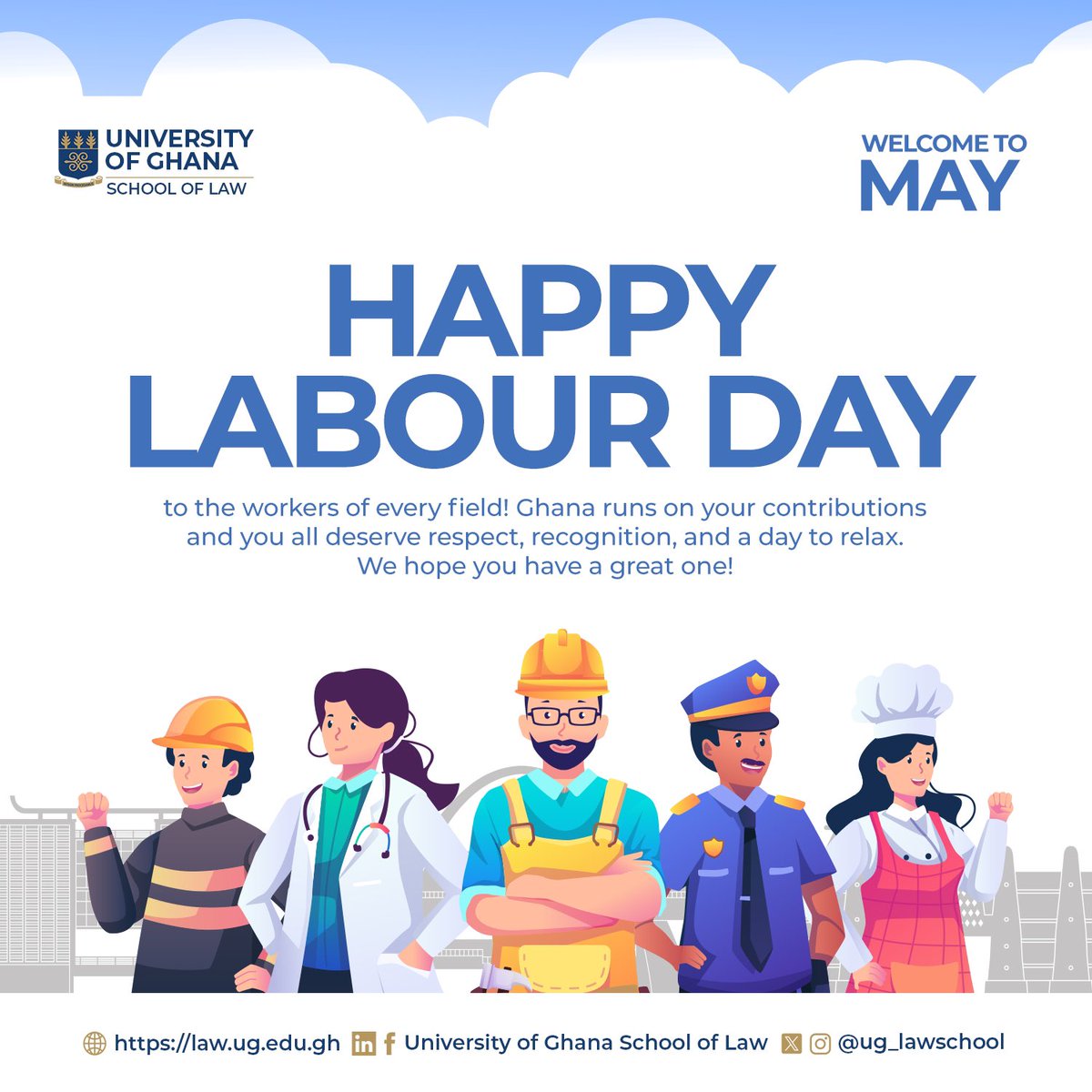 The role of workers in national development cannot be overemphasized. Ayekoo! We see, we hear, and we acknowledge your contributions. Wishing you all a relaxing and fun-filled Labour Day celebration. And may the new month be fruitful for you all. 🥳🕵🏻👮🏻👩🏻‍🍳👩🏻‍🌾👩🏼‍⚖️❤️‍🔥 #UGSoL #MayDay