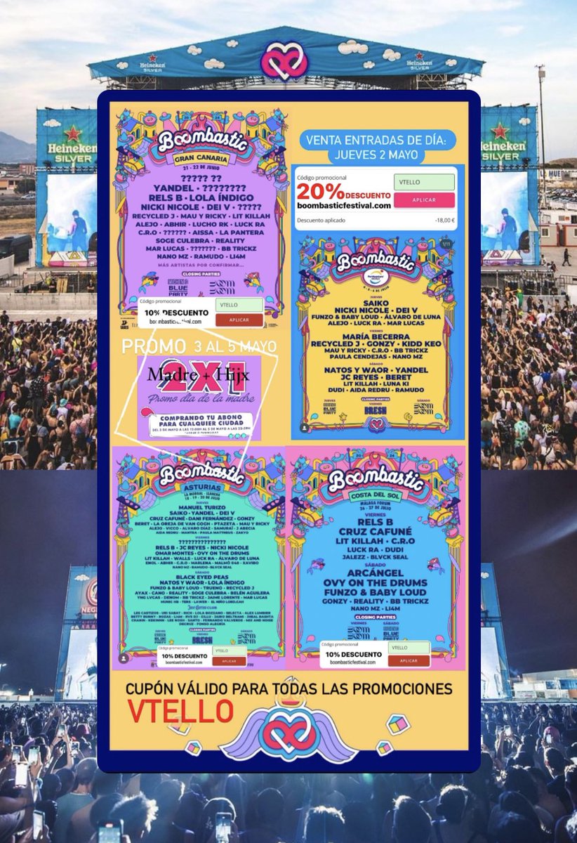 VictorTello25's tweet photo. Hasta 20% DESCUENTO en BOOMBASTIC FESTIVAL 2024
👉 Código promocional: VTELLO
🔗Abonos en Web Oficial https://t.co/GAcutRmqEQ

@boombastic_fest x @Portaventura_ES 20% DESCUENTO
Resto de festivales 10% DESCUENTO

@TurismoAsturias @turismogc @visitsalou @malagaturismoes @TGNturisme https://t.co/aezWq7Awuv