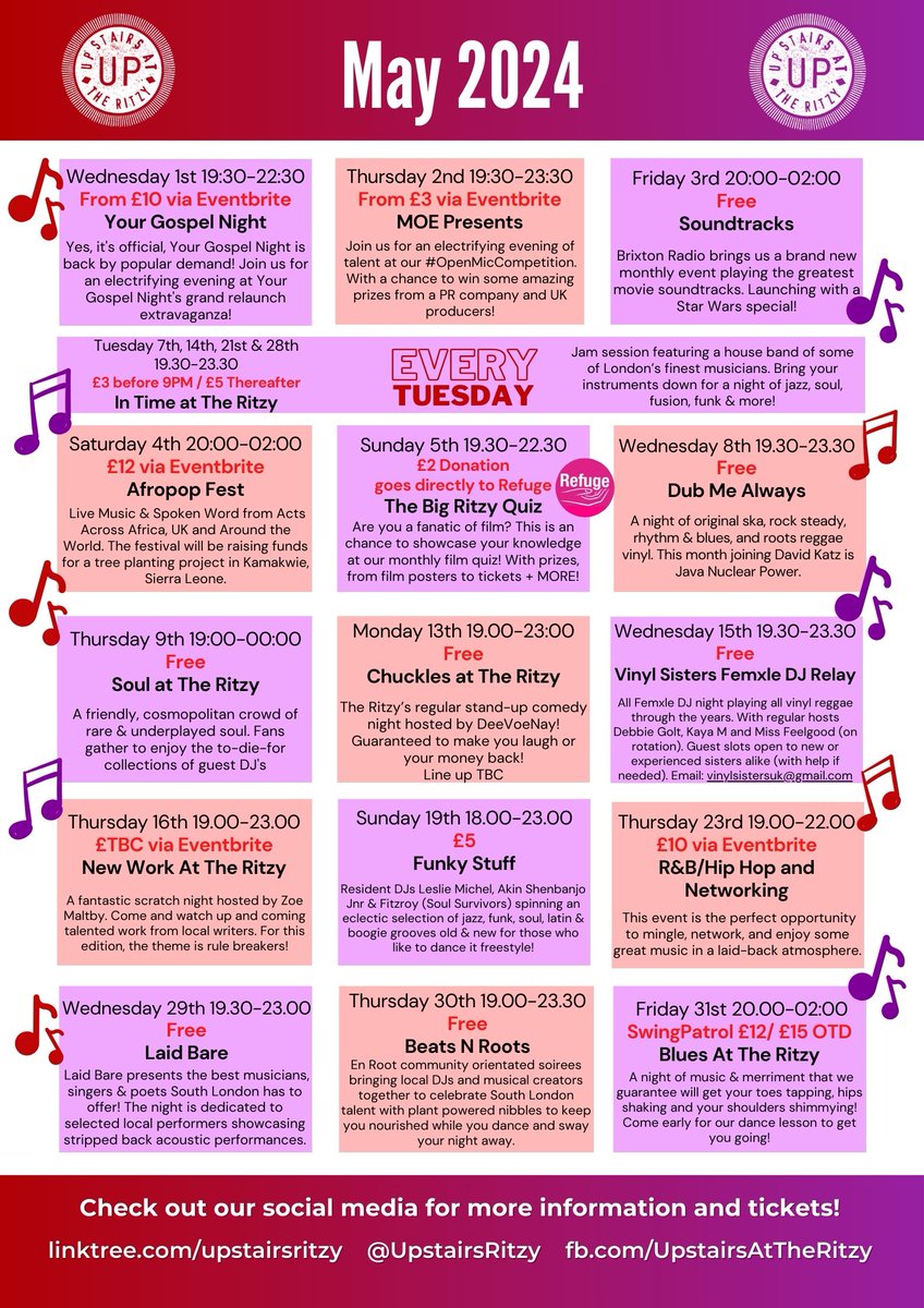 ❤️💜 May Event Calendar 💜❤️ What a line up we have for you this month. Plenty of live music, vinyl and DJ sets. But also comedy, quizzes, gospel and a scratch night! 🎟 Grab your tickets now! linktr.ee/upstairsritzy 🎟 And we’ll see you upstairs!