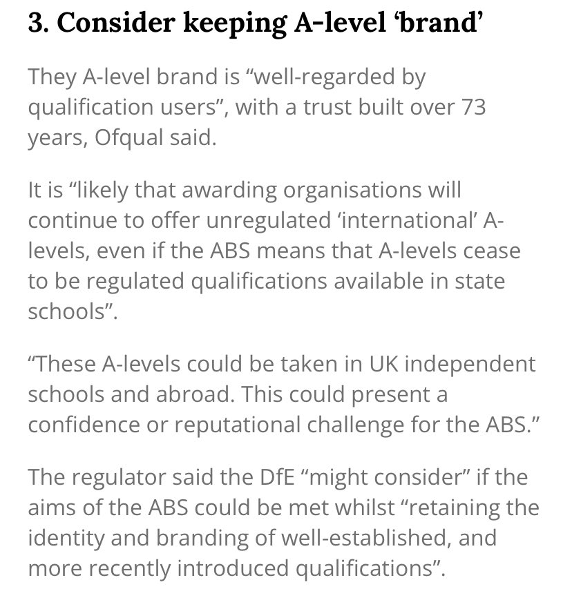 The exams regulator has it says on the ABS plans Good point on just ditching trusted qualifications (as opposed to reforming them)