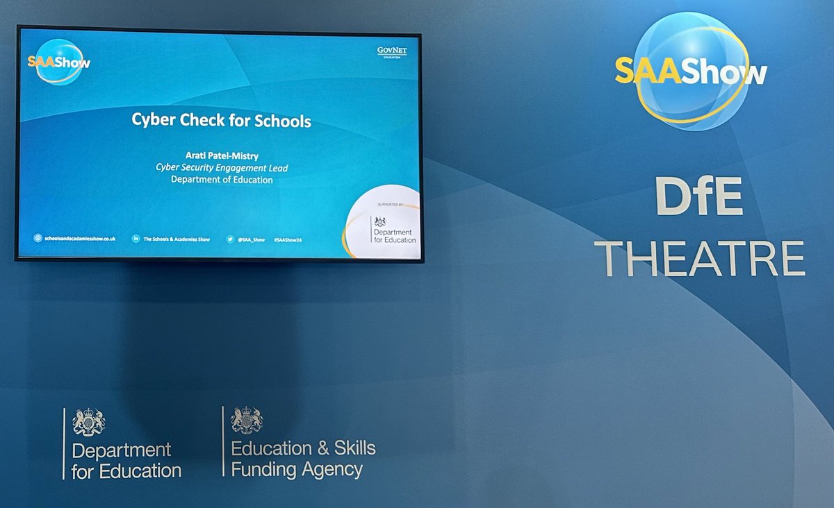 Ready to hear about Cyber Check for Schools & the the latest on #CyberSecurity from @educationgovuk at the #SAAShow! #EdTech #EduTwitter #Education #WeAreDFG