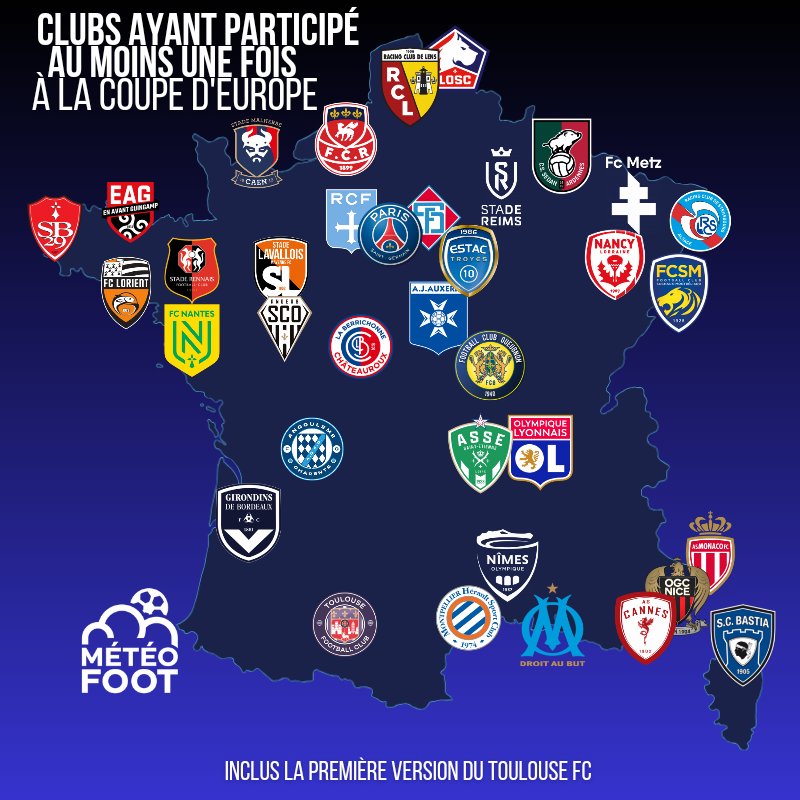 La carte des clubs Français ayant déjà joué une coupe d'Europe, saison prochaine incluse. 👀 Voyez-vous votre club ? 🤔 📸 @MeteoFoot