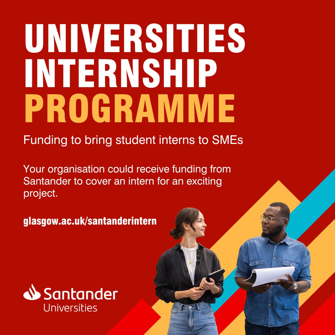 Is your organisation an SME? Would you like to help a student develop their skills? If yes to both, apply for funding to cover an internship! With @bancosantander's Universities Internship Programme, SMEs and students can benefit from internships. 🔗 glasgow.ac.uk/santanderintern