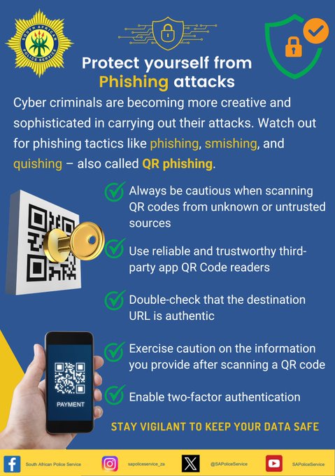 #sapsHINT STAY VIGILANT TO KEEP YOUR DATA SAFE! Cyber  criminals are becoming more creative and sophisticated in carrying out  their attacks. Watch out for phishing tactics like phishing, smishing,  and quishing – also called QR phishing. Always be cautious when scanning QR codes