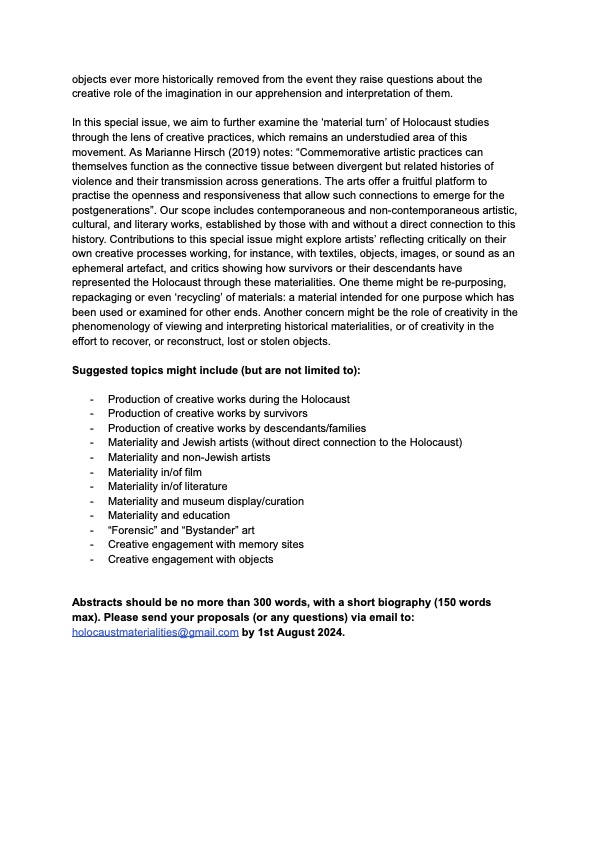 📣 CFP for a special issue of Holocaust Studies: 'Creative Responses to Holocaust Materialities' edited by @HannahWilsonPhD @JayDProsser Topics may include: production of creative works, materiality, art, creative engagement 1st August deadline for 300 word abstract! ⬇️