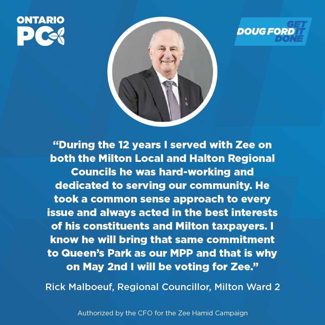 Rick is a veteran Milton councillor. Pleased to have his support! Looking forward to working together to continue to make life more affordable for #Milton families. #VoteZee