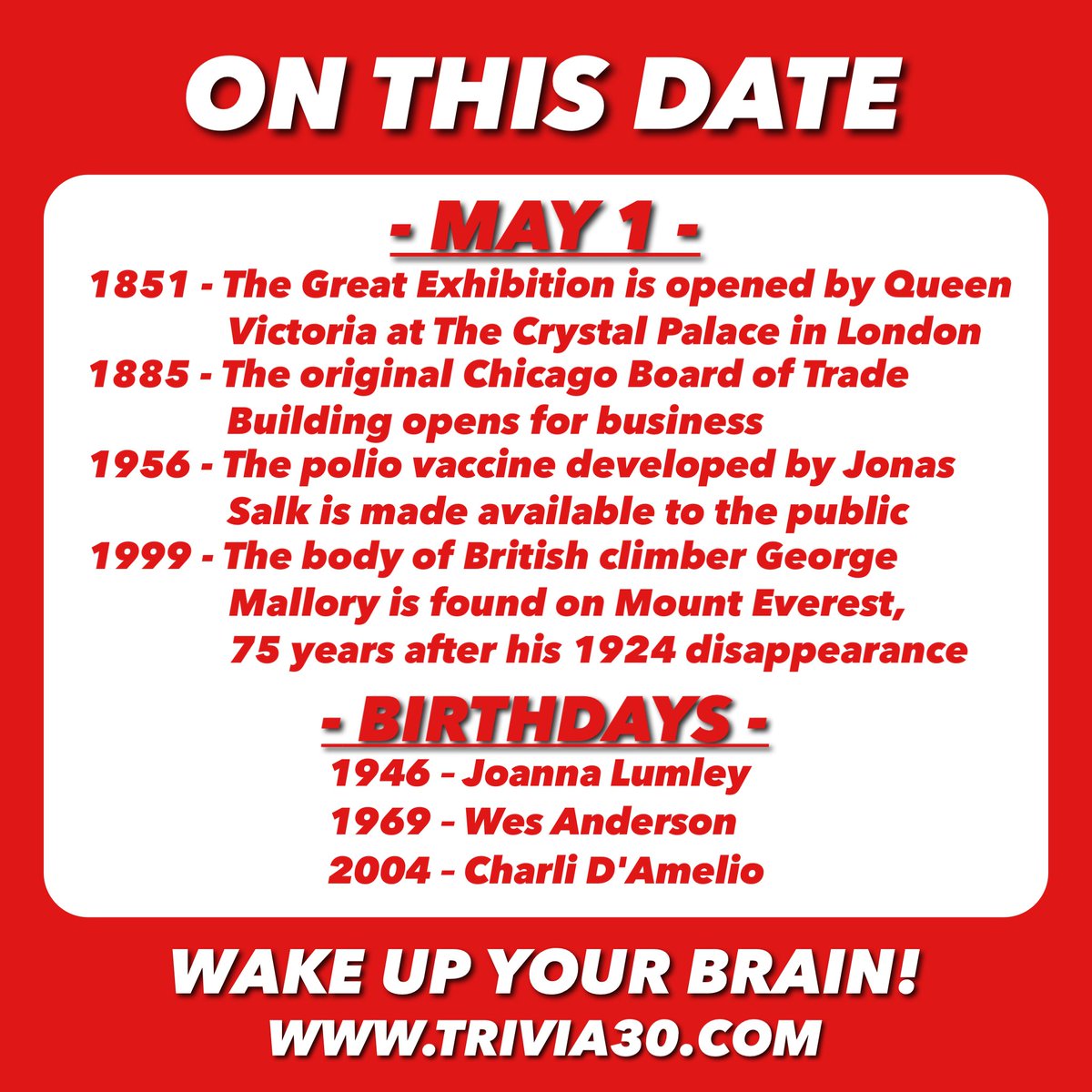 Your 5/1 OTD... Join us at Tidewater Grill, Beech Street Grill or Disco Witch, and have a great Wednesday! #trivia30 #wakeupyourbrain #OnThisDay #CrystalPalace #London #Chicago #polio #vaccine #JonasSalk #MountEverest #joannalumley #AbFab #WesAnderson #charlidamelio