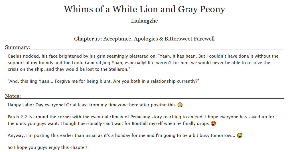 Whims of a White Lion and Gray Peony Chapter 17 by Liulangzhe - 崩坏：星穹铁道 | Honkai: Star Rail (Video Game) 

#jingcae

Link: archiveofourown.org/works/48901603 via @ao3org