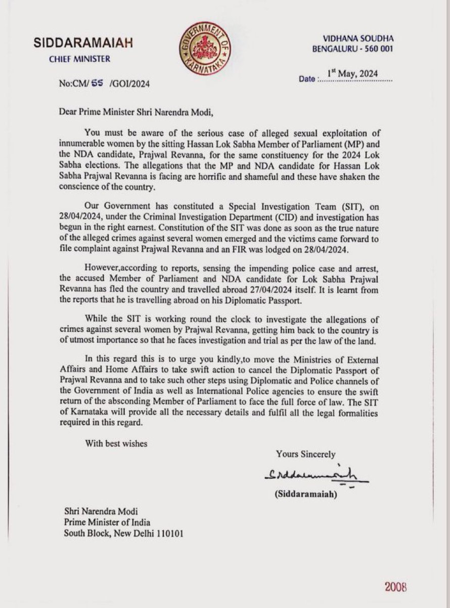 Karnataka Chief Minister @siddaramaiah writes to PM Modi asking him to cancel the diplomatic passport of #PrajwalRevanna and ensure he face full force of law