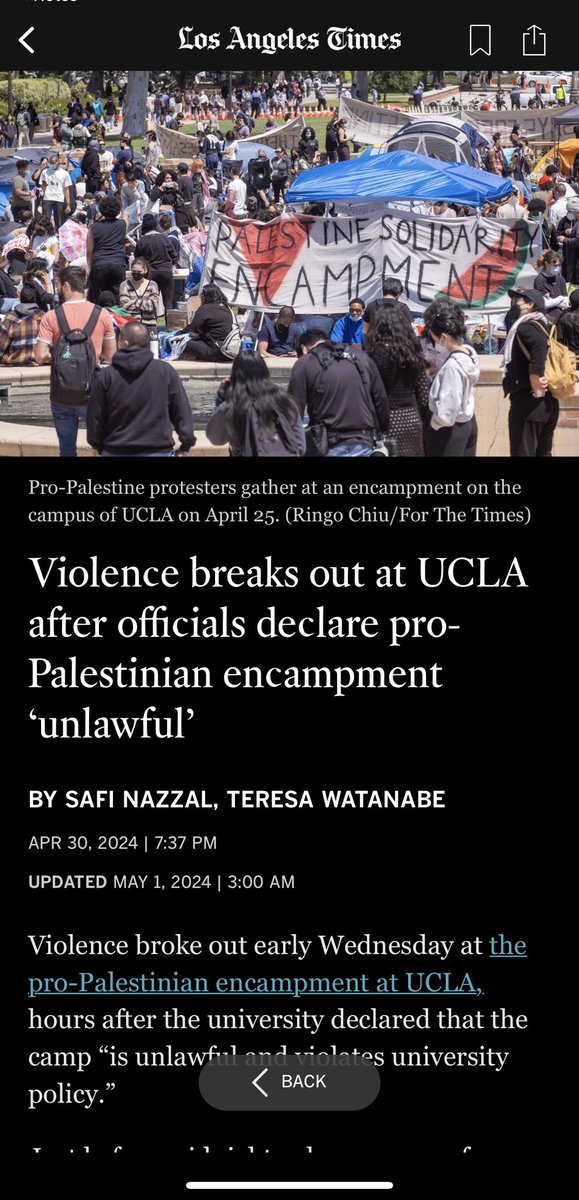 What is this bias reporting @safinazzal @TeresaWatanabe ? Zero mention of Zionist thugs aggressing anti-war students with an ambush attack in the middle of the night If someone only had your article to learn about tonight, you would have deeply misinformed them. Shame on you.