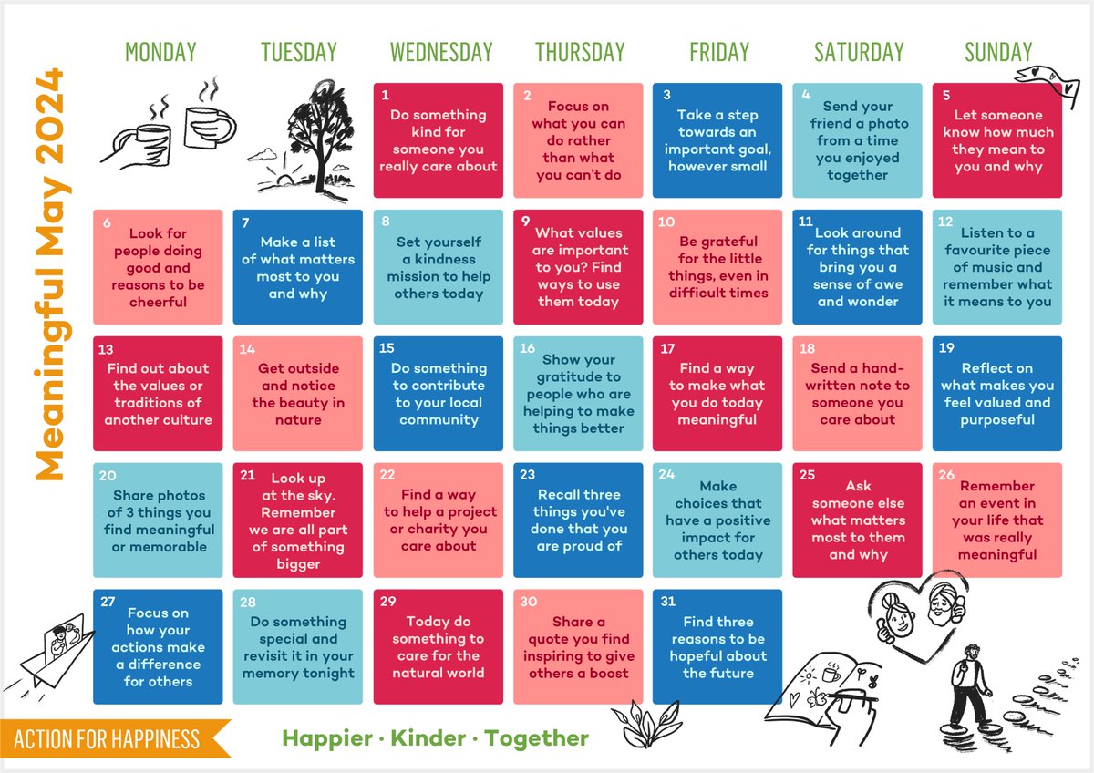 There are lots of ways to live with purpose, even in difficult times. So this month why not focus on the things that make life meaningful. @actionhappiness Meaningful May Calendar is full of little actions that make life feel bigger. Give it a try! actionforhappiness.org/sites/default/…