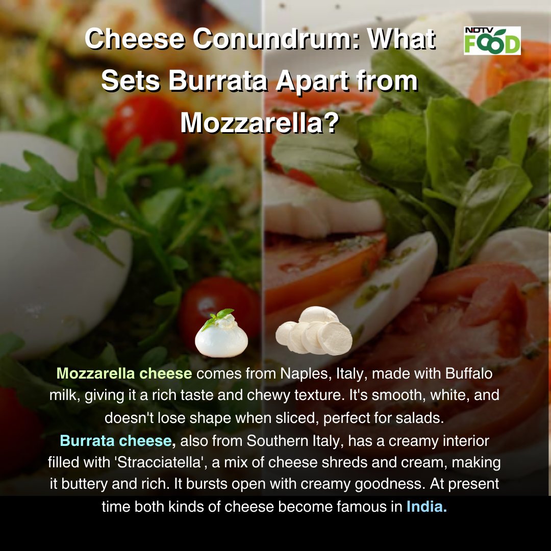 Cheese Conundrum: What Sets Burrata Apart from Mozzarella? 🧀 Discover the Creamy Secret Behind These Italian Classics #CheeseLovers #Foodies #ItalianCheese
.
.
.
@Amul_Coop @BritanniaIndLtd @GoCheeseIN @MotherDairyMilk