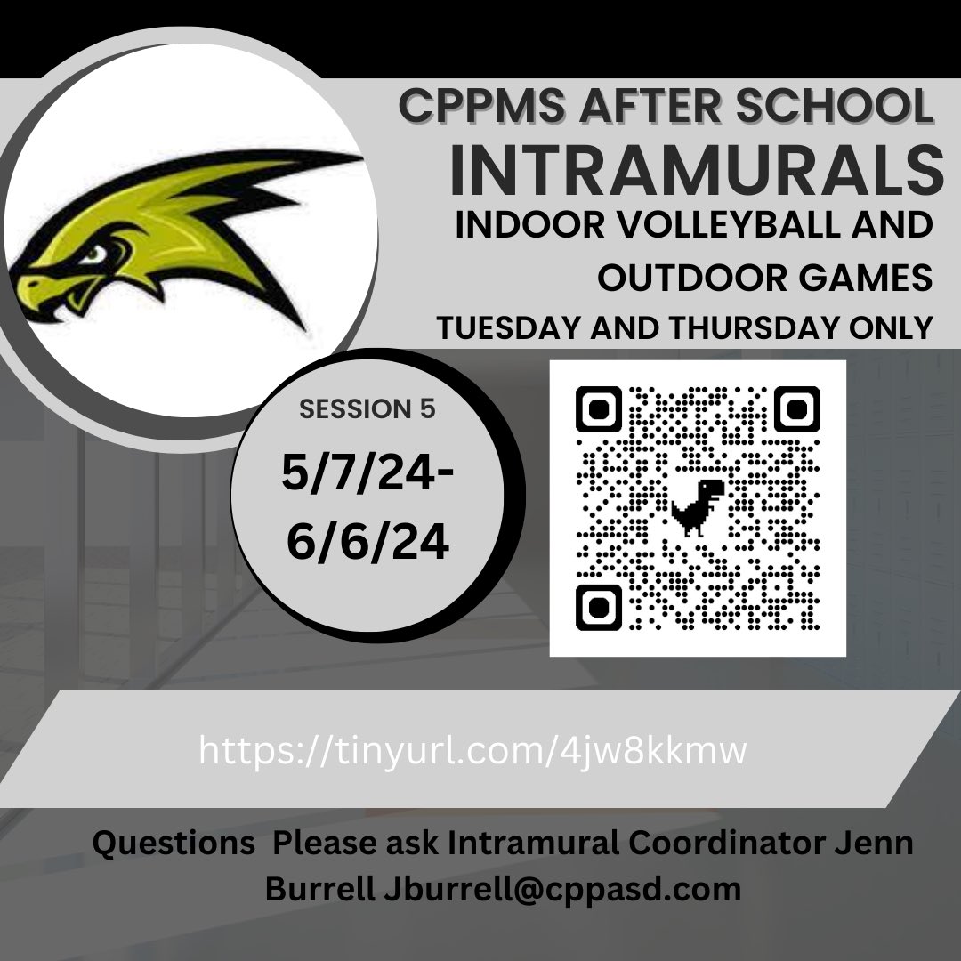 The fifth session of CPP Middle School after school Intramural registration is now officially open! If you have questions please email Mrs. Burrell at jburrell@cppasd.com Go Hawks!💪🏽