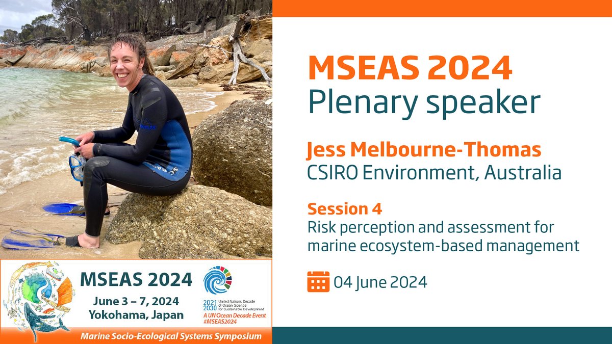 📢 Introducing #MSEAS2024 plenary speakers! Jess Melbourne-Thomas @DrJessMT @CSIRO will speak about collaborative and novel approaches to navigating different risk perspectives in decision-making for marine social-ecological systems. meetings.pices.int/meetings/inter… 📷Brigette Wright