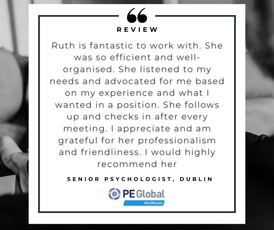 peglobalireland's tweet photo. A wonderful testimonial Ruth Barry received from a Senior Psychologist, placed in Dublin.
If you are an ALLIED HEALTH PROFESSIONAL looking for a new opportunity in Ireland, reach out to Ruth at ruth.barry@peglobal.net or call +353 83 0105701
#PEGlobal #PEGlobalHealthcare https://t.co/LnWdkqnfzs