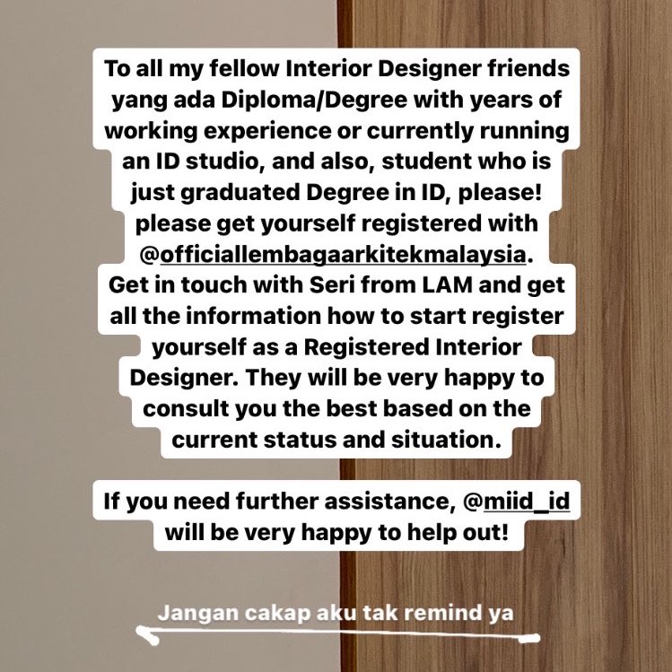 To whom it may concern. 

Lembaga Arkitek Malaysia is now very serious to protect the profession of Interior Designers in Malaysia with the numerous unqualified IDs, scammers and imposters. To protect the interest of the public, this is one of the way for the future.